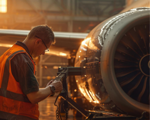 Na imagem, um profissional inspeciona turbinas de um avião.