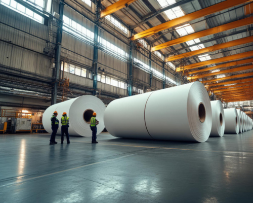 Na imagem, em uma fábrica, profissionais inspecionam bobinas gigantes