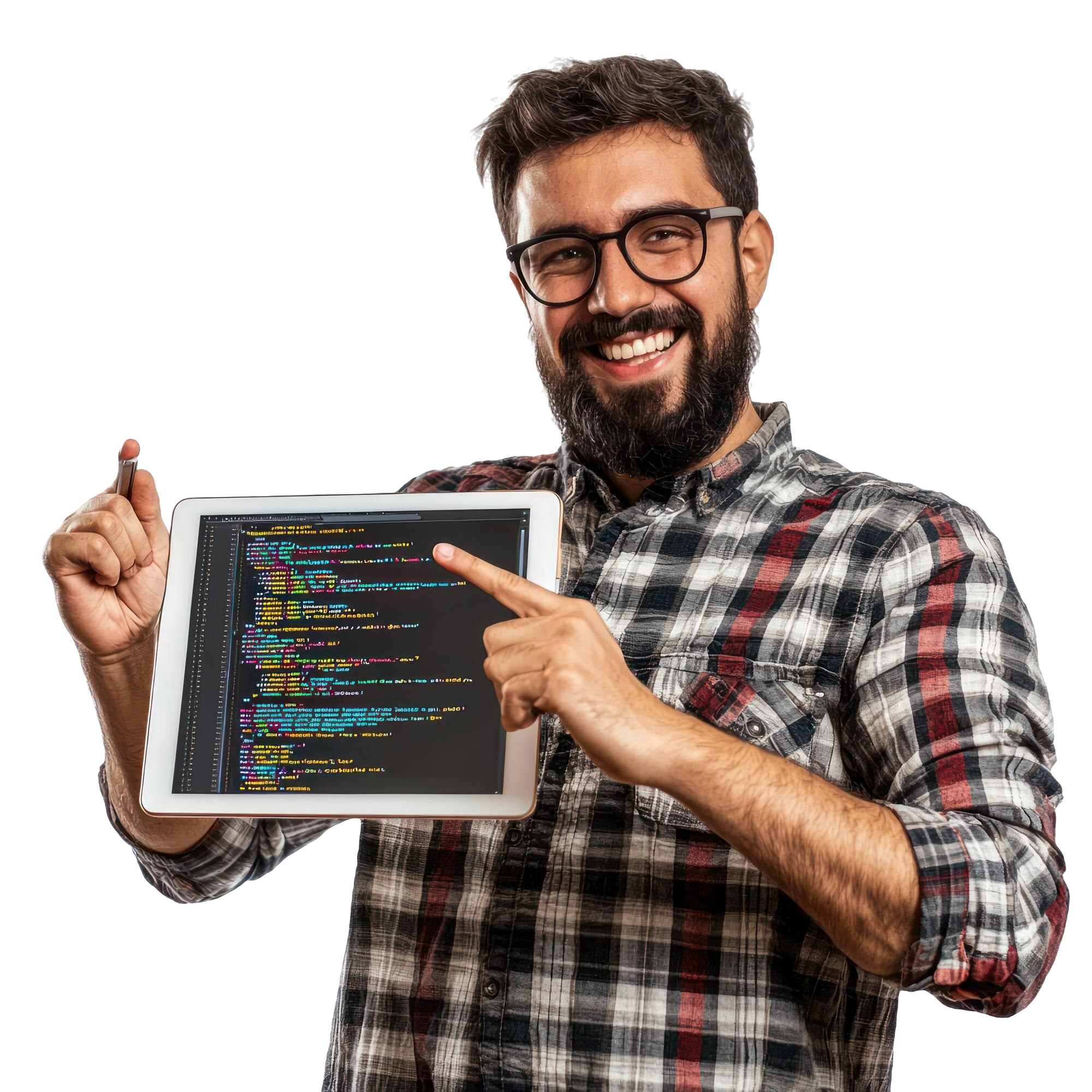 software-engineer-holding-tablet-pointing-code-displayed-screen-with-enthusiasm-isolated-transparency-background