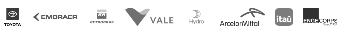 Na imagem, logotipo de nossos clientes. Toyota, Embraer, Petrobras, VALE, Hydro, ArcelorMittal, Itaú e Engecorps